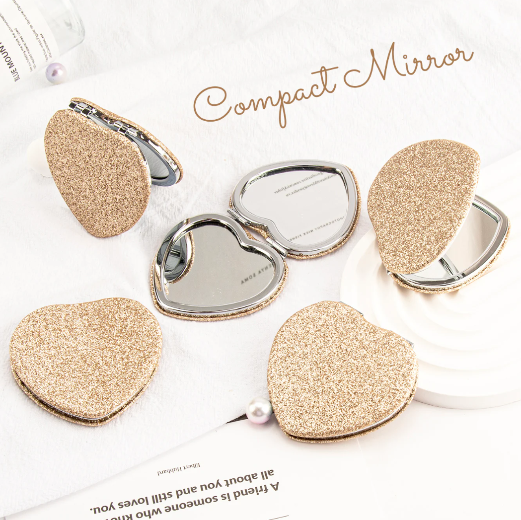 Heart-Shaped Champagne Glitter Compact Mirror