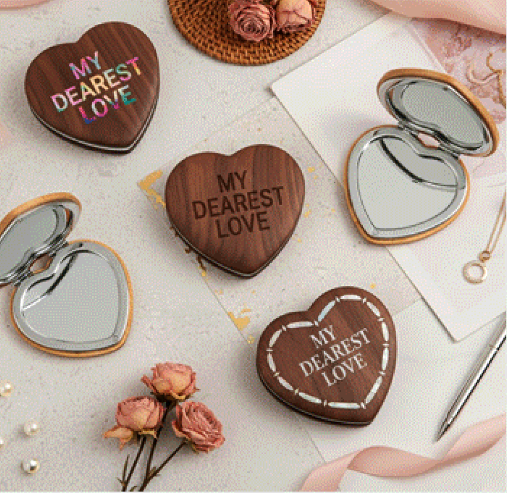 Walnut Wood Heart Compact Mirror